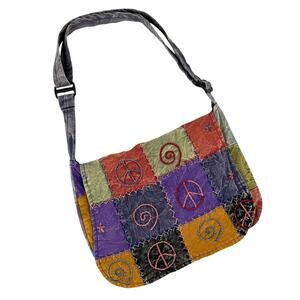 Vintage Patchwork Cotton Crossbody Bag Boho Hippie Festival Peace Signs Swirls